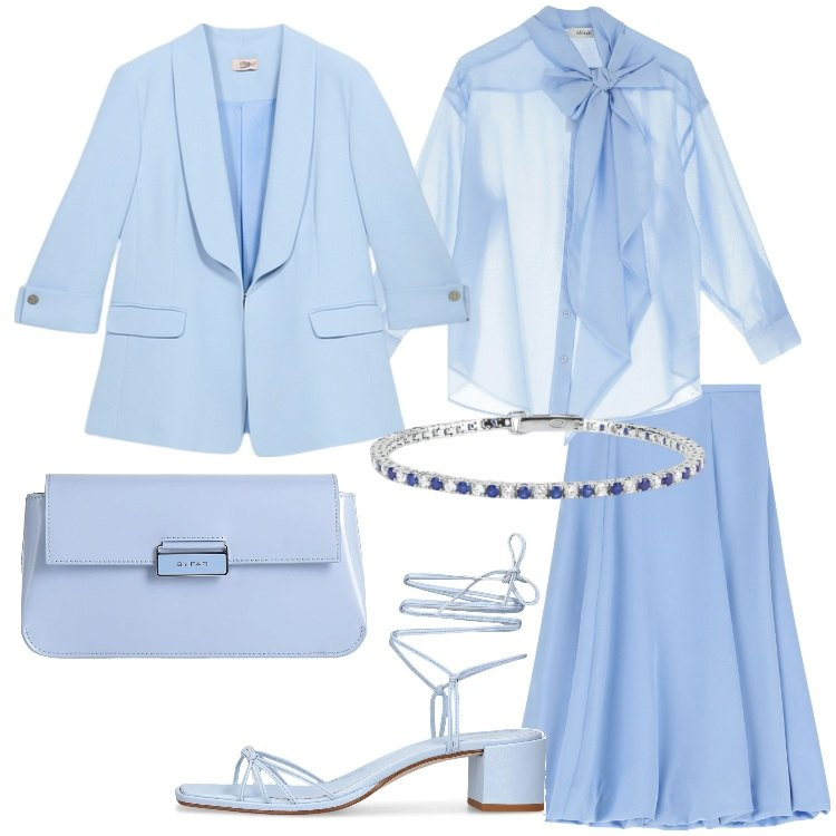 Outfit donna - Occhi al cielo. Stile Romantica per Serata fuori. Abbinamento con borse a mano, braccialetti, gonne longuette, camicie, sandali in pelle, blazer.