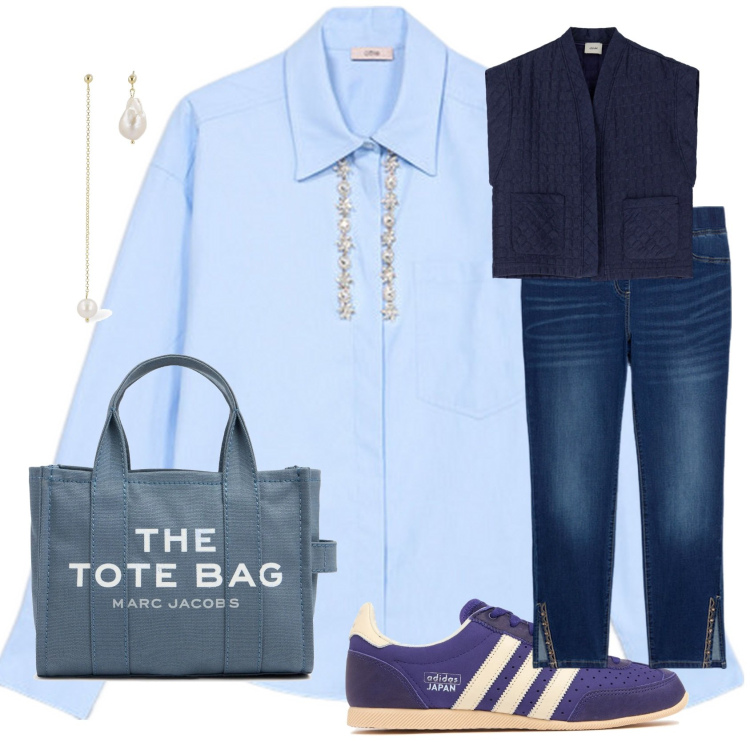 Outfit donna - Azzurro polvere. per Tutti i giorni. Abbinamento con blazer, jeggings, borse tote, sneakers, camicie, orecchini.