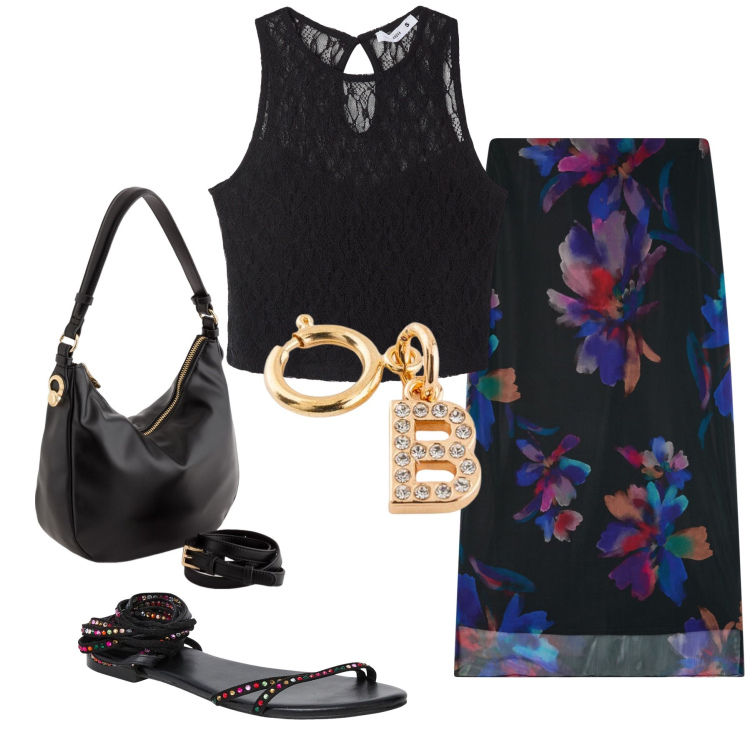 Outfit donna - Sere nere. Stile Chic per Serata fuori. Abbinamento con gonne lunghe, sandali alla schiava, top, borse a tracolla, portachiavi.