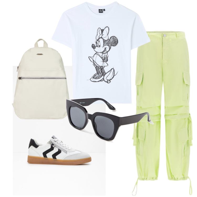 Outfit donna - Sportiva con minnie. Stile Sporty chic per Sport. Abbinamento con occhiali da sole, sneakers, t-shirt, pantaloni cargo, zaini.