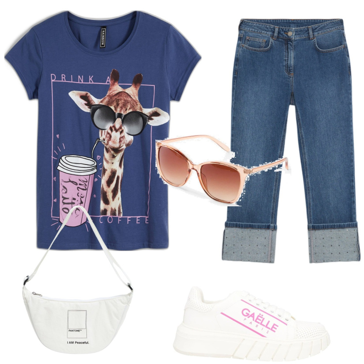 Outfit donna - Tempo libero. Stile Casual per Tutti i giorni. Abbinamento con t-shirt, occhiali da sole, sneakers, marsupi, jeans.