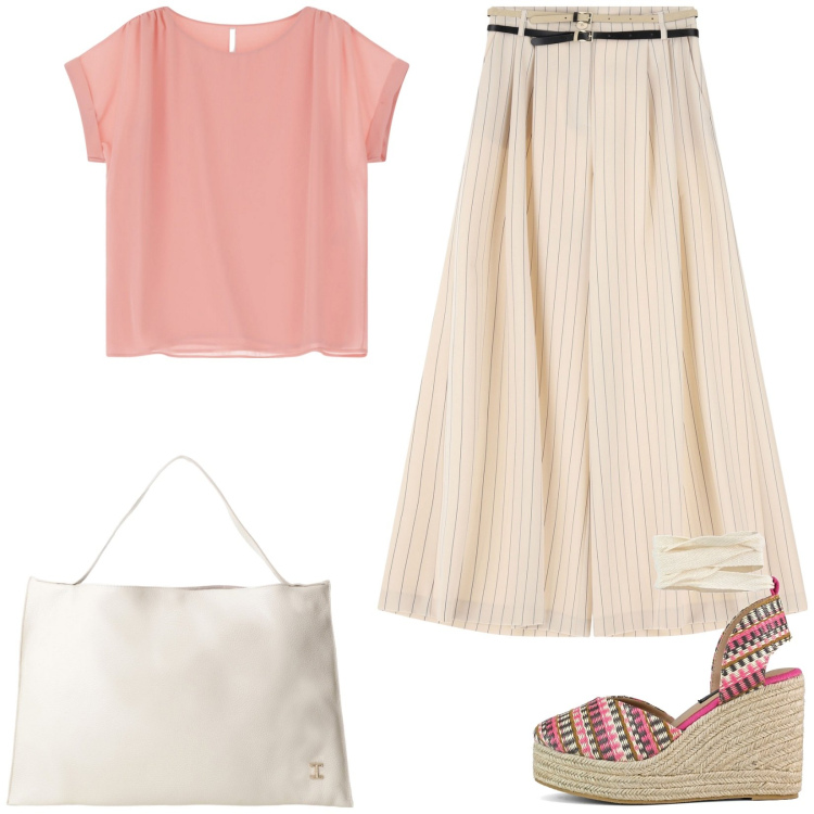 Outfit donna - IMPERIAL SS 2025: Urban Edge. Stile Casual per Ufficio. Abbinamento con pantaloni a palazzo, t-shirt, borse a spalla, zeppe.