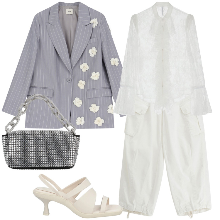 Outfit donna - Romanticismo fatto blazer. Stile Glamour per Serata fuori. Abbinamento con sandali in pelle, borse a mano, pantaloni, camicie, blazer.