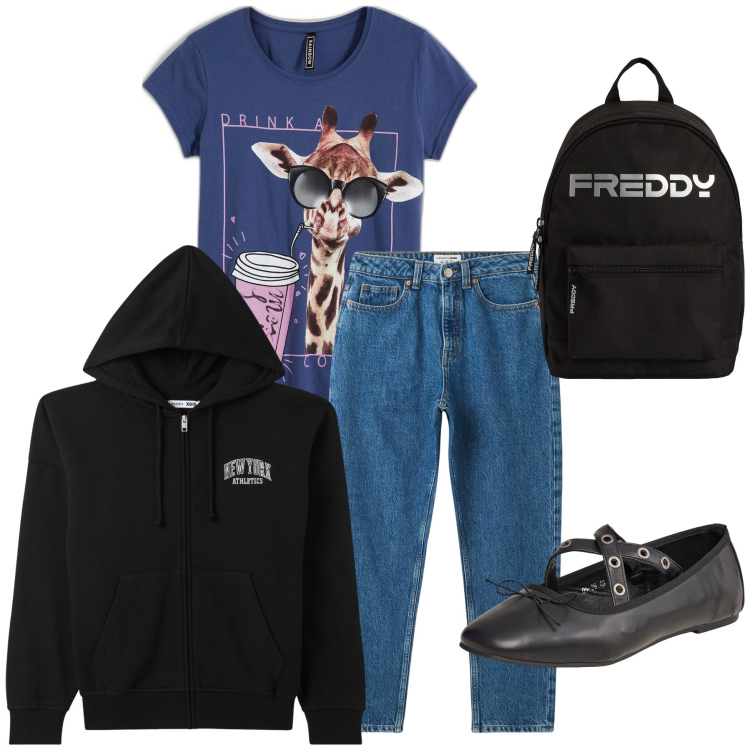 Outfit donna - Due passi dopo cena. Stile Casual per Tutti i giorni. Abbinamento con t-shirt, ballerine, jeans mom, felpe con cappuccio, zaini.