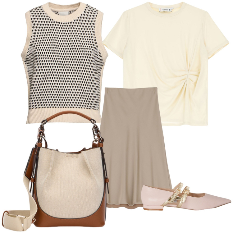 Outfit donna - Look da ufficio. Stile Urban per Ufficio. Abbinamento con t-shirt, gonne, borse a mano, maglieria, ballerine.