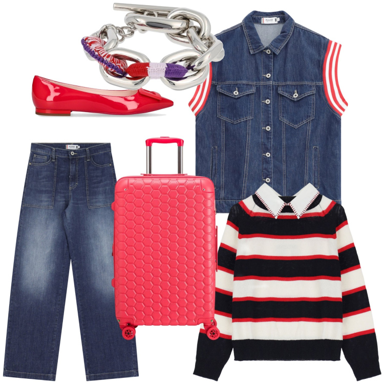 Outfit donna - Si parte domani. Stile Sporty chic per Tutti i giorni. Abbinamento con gilet, jeans, maglieria, ballerine, braccialetti, valigie.