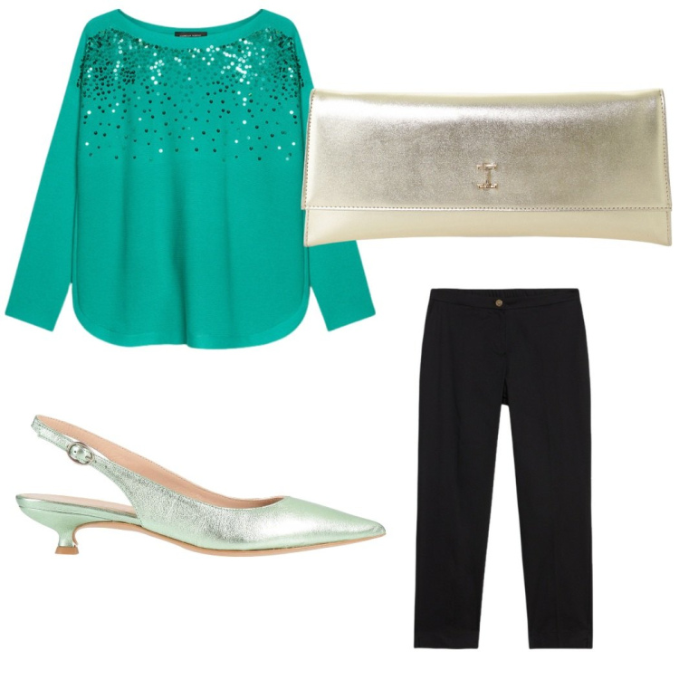 Outfit donna - Cerimonia di primavera. Stile Casual chic per Cerimonia. Abbinamento con décolleté, pochette, felpe, pantaloni.