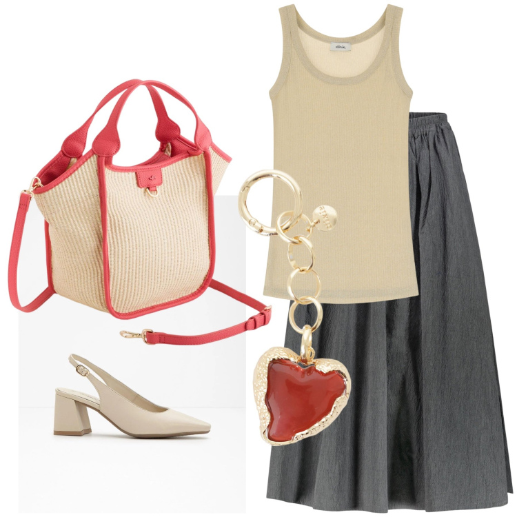 Outfit donna - Classico rafia e rosso. Stile Casual per Serata fuori. Abbinamento con décolleté, ciondoli, canottiere, gonne, borse a mano.
