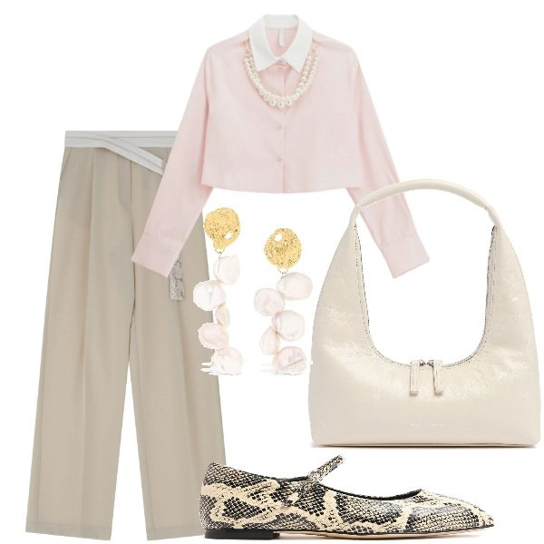 Outfit donna - Invito a pranzo. Stile Casual chic per Tutti i giorni. Abbinamento con camicie, pantaloni, orecchini, borse a spalla, ballerine.