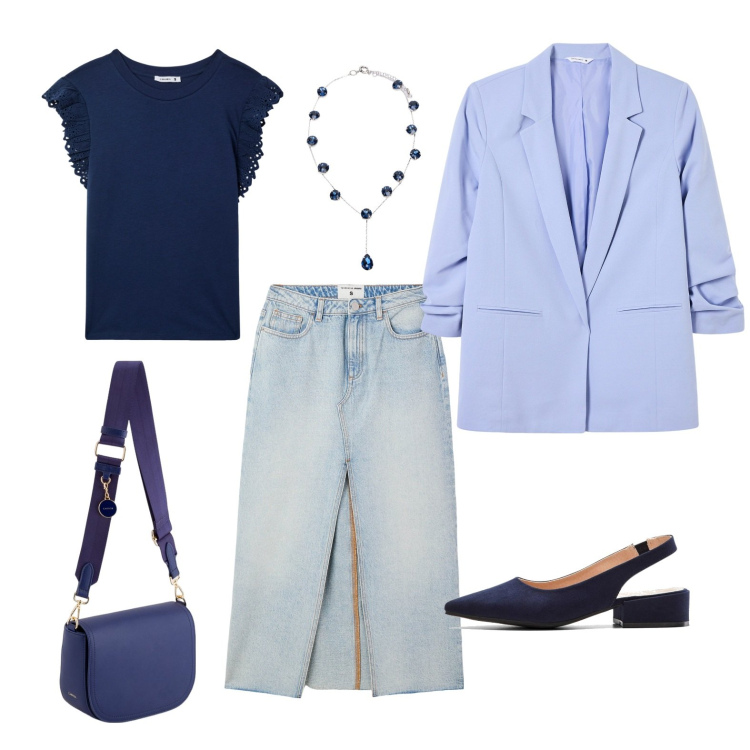 Outfit donna - La gonna di jeans. Stile Casual per Tutti i giorni. Abbinamento con décolleté, gonne lunghe, t-shirt, blazer, borse a tracolla, collane.