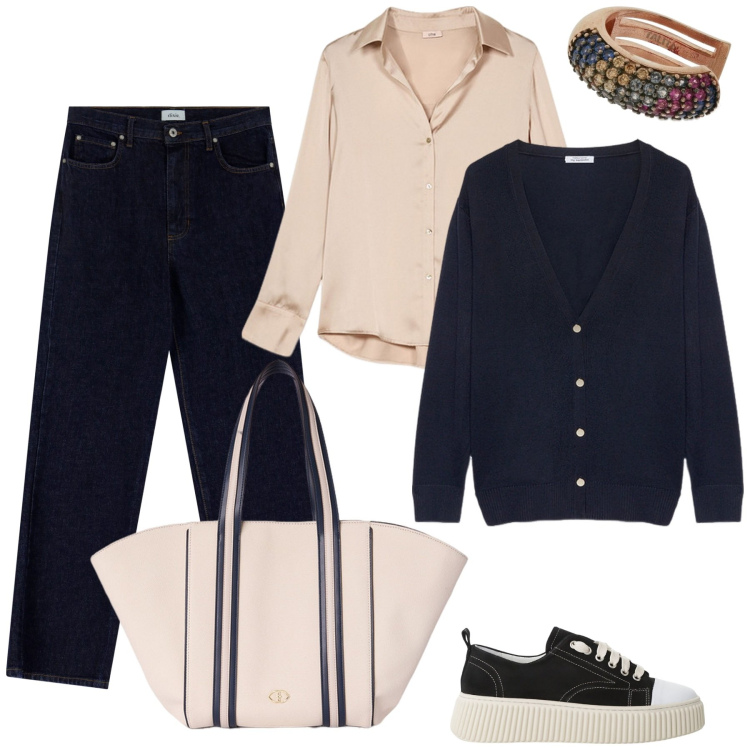 Outfit donna - Total look #2109267. Stile Casual per Tutti i giorni. Abbinamento con sneakers, jeans dritti, cardigans, camicie, orecchini, shopping bag.