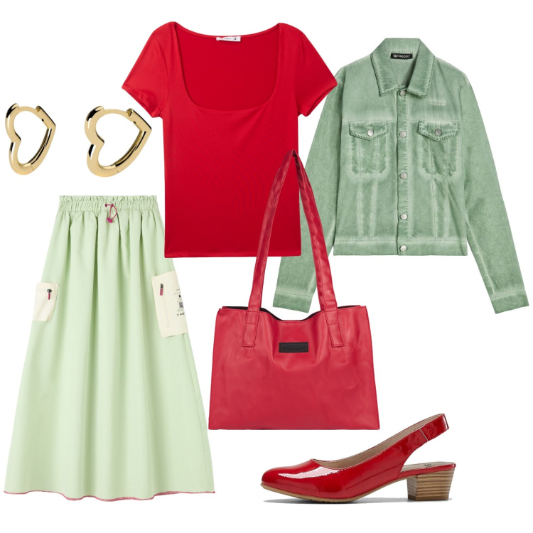 Outfit donna - Il verde e il rosso per quando vuoi. Stile Casual per Tutti i giorni. Abbinamento con décolleté, gonne lunghe, t-shirt, orecchini, blazer, shopping bag.
