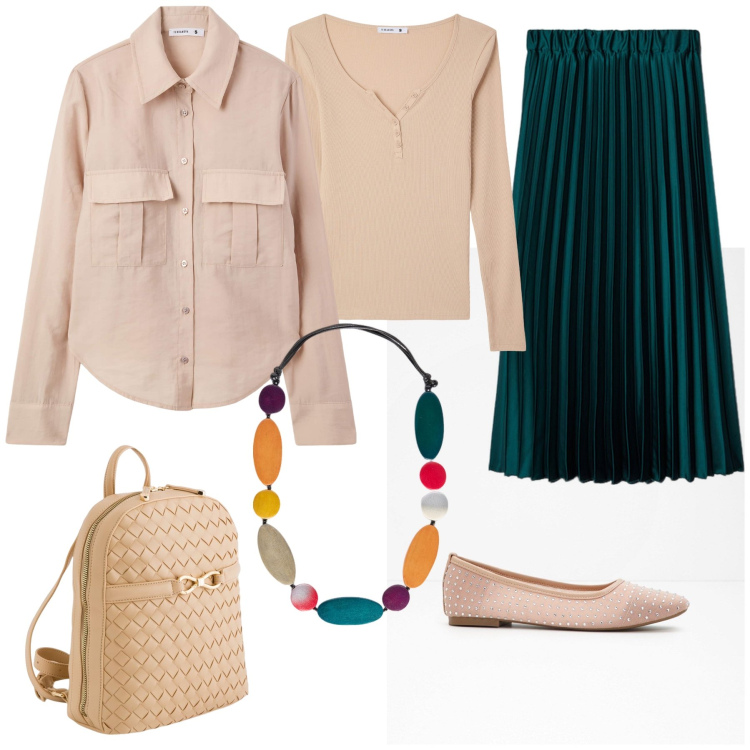 Outfit donna - Casual in verdone. Stile Casual per Tutti i giorni. Abbinamento con ballerine, camicie, t-shirt, collane, gonne longuette, zaini.