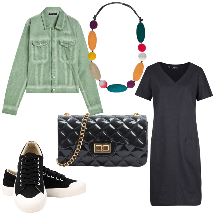 Outfit donna - Una collana per amica. Stile Sporty chic per Serata fuori. Abbinamento con vestiti corti, borse a tracolla, blazer, sneakers, collane.