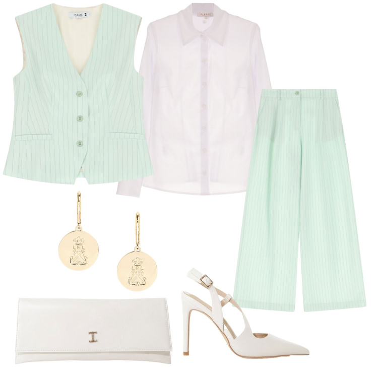 Outfit donna - Total look #2109280. Stile Glamour per Cerimonia. Abbinamento con gilet, pantaloni a palazzo, camicie, décolleté, pochette, orecchini.