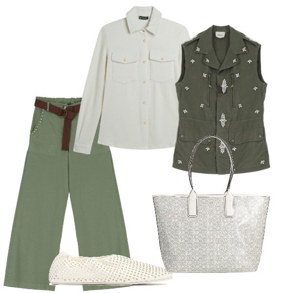 Outfit donna - Passeggiando al parco. Stile Casual per Tutti i giorni. Abbinamento con borse a mano, camicie, gilet, pantaloni, ballerine.