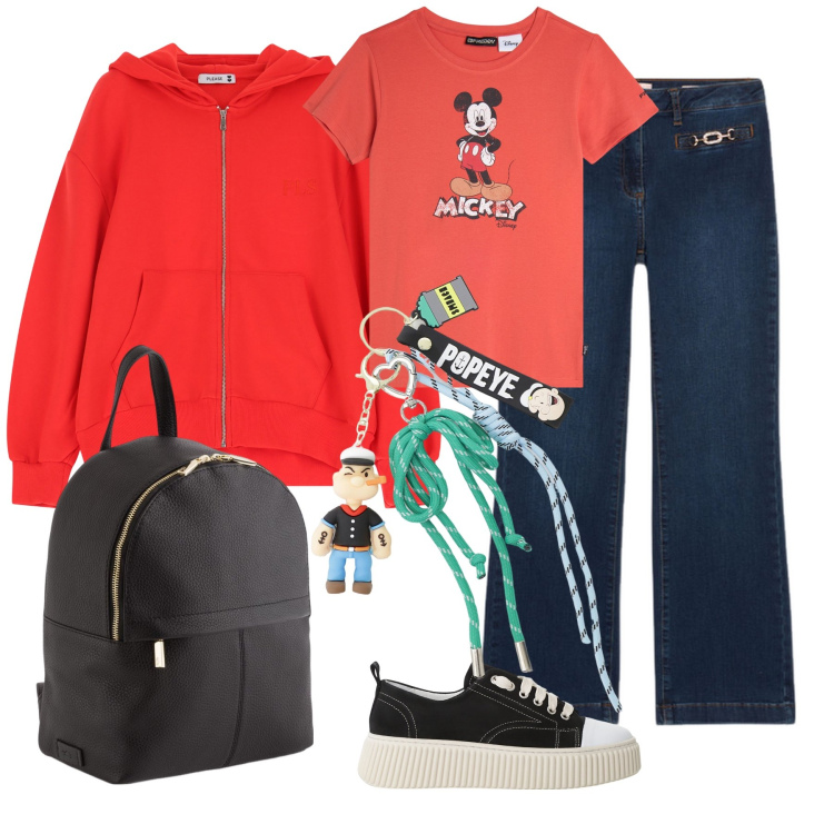 Outfit donna - Teenager. Stile Casual per Tutti i giorni. Abbinamento con felpe con cappuccio, sneakers, portachiavi, t-shirt, jeans, zaini.