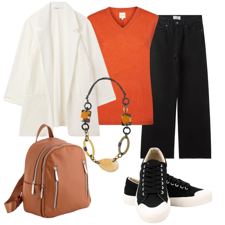 Outfit donna - Orange. Stile Casual per Tutti i giorni. Abbinamento con jeans, blazer, maglieria, sneakers, zaini, collane.