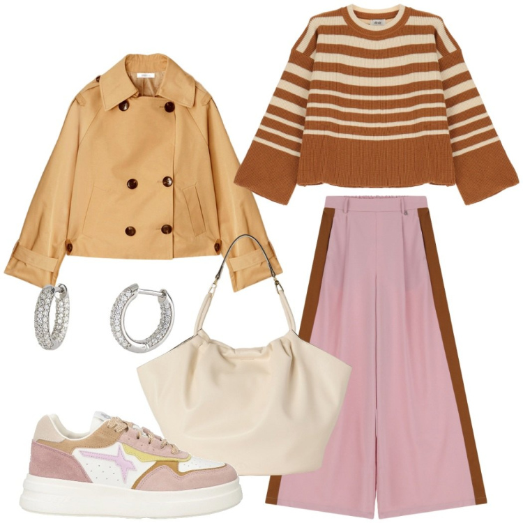Outfit donna - Urban style dai colori sorbetto. Stile Urban per Tutti i giorni. Abbinamento con sneakers, orecchini, pantaloni, maglieria, trench, borse a secchiello.