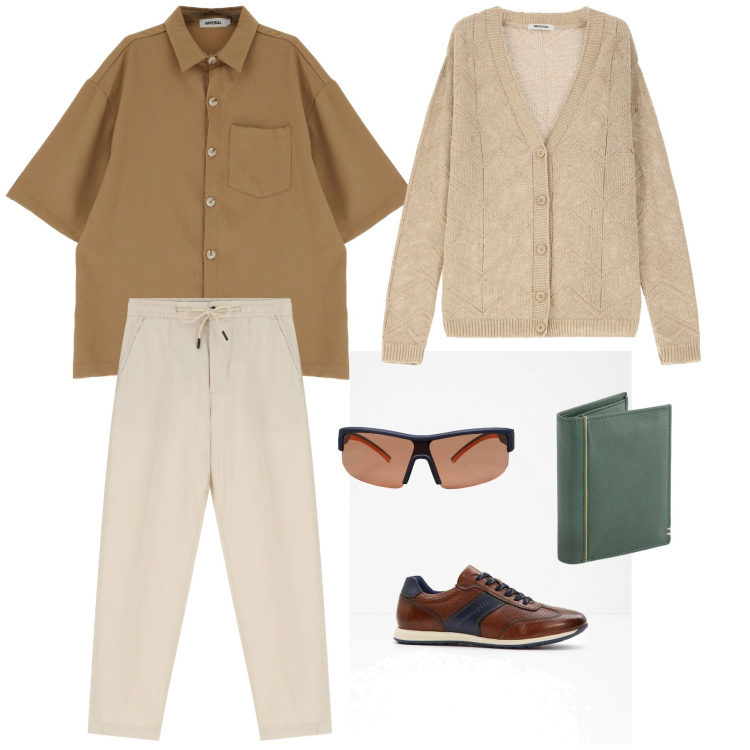 Outfit uomo - Una camicia oversize. Stile Casual per Tutti i giorni. Abbinamento con sneakers, occhiali da sole, cardigans, pantaloni chino, camicie a manica corta, portafogli.