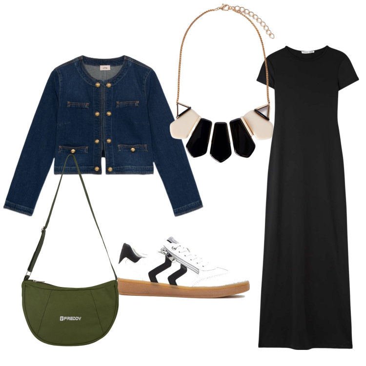 Outfit donna - Un vestito lungo. Stile Sporty chic per Serata fuori. Abbinamento con sneakers, vestiti lunghi, borse a spalla, collane, blazer.