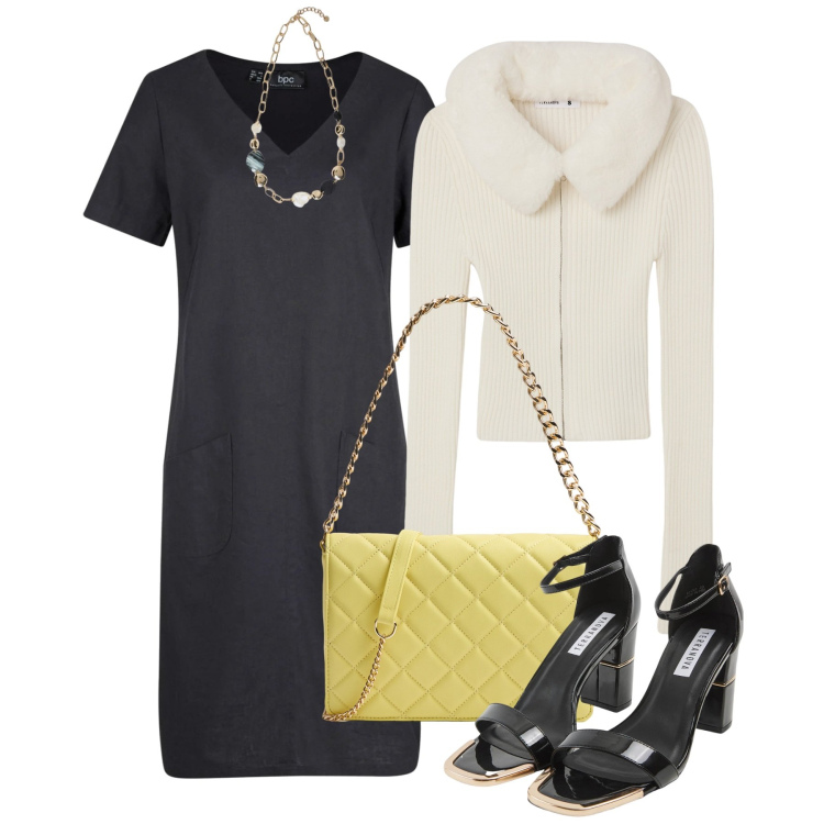 Outfit donna - Cest chic!. Stile Chic per Tutti i giorni. Abbinamento con vestiti corti, sabot, cardigans, borse a tracolla, collane.