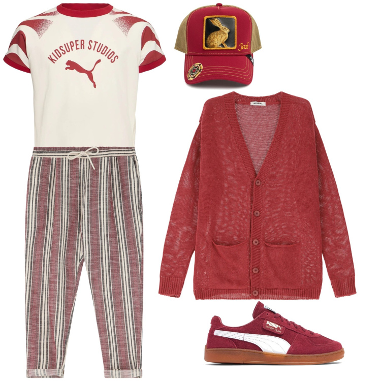 Outfit uomo - Jogging in città. Stile Trendy per Tutti i giorni. Abbinamento con pantaloni, cardigans, cappelli con visiera, sneakers, t-shirt.