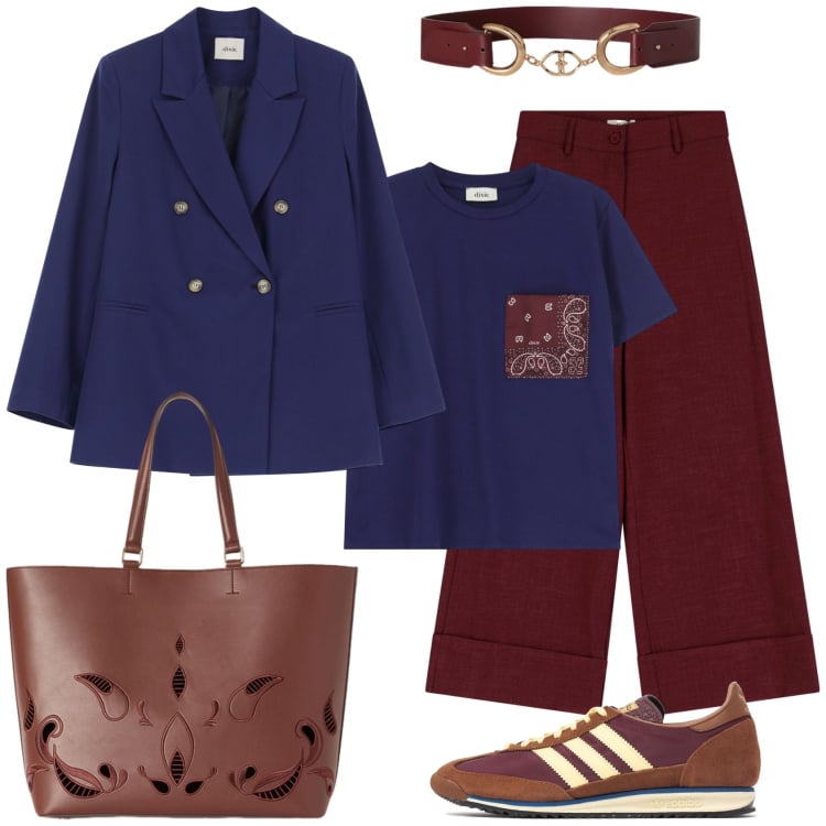 Outfit donna - Casual chic in primavera in blu e marron. Stile Casual chic per Ufficio. Abbinamento con blazer, t-shirt, pantaloni a palazzo, sneakers, shopping bag, cinture.
