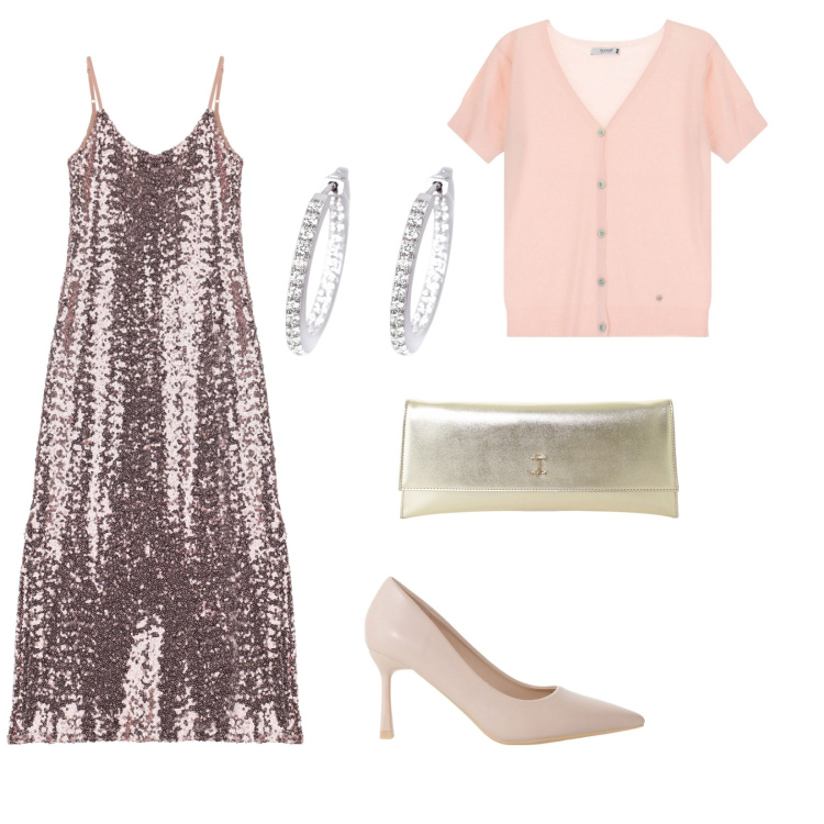 Outfit donna - Collezione party. per Cerimonia. Abbinamento con orecchini, cardigans, vestiti, décolleté, pochette.