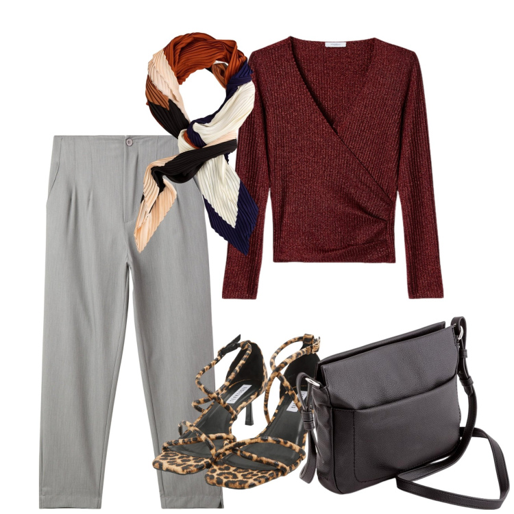 Outfit donna - Foulard bon ton. Stile Bon Ton per Ufficio. Abbinamento con pantaloni chino, sandali col tacco, maglieria, borse a tracolla, foulard.