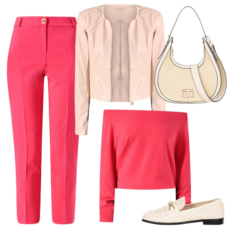 Outfit donna - Corallo e crema, très chic!. Stile Casual chic per Ufficio. Abbinamento con mocassini, maglieria, pantaloni, borse a mano, giacche.