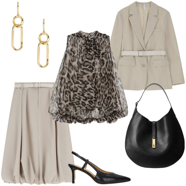 Outfit donna - Urban style: dettagli animalier. Stile Urban per Ufficio. Abbinamento con camicie, gonne longuette, blazer, borse a spalla, décolleté, orecchini.
