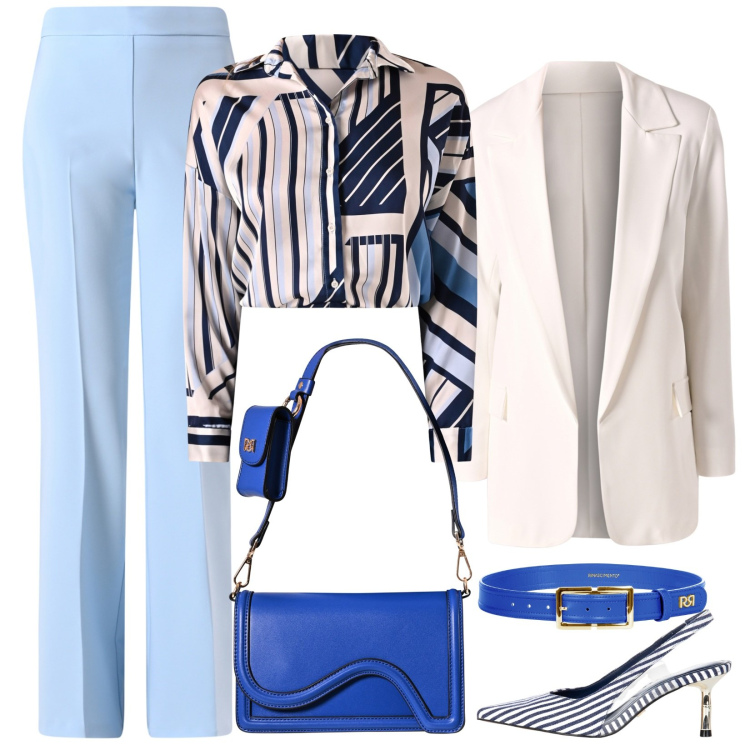 Outfit donna - Un battesimo in primavera. Stile Chic per Serata fuori. Abbinamento con camicie, décolleté, pantaloni, cinture, blazer, pochette.