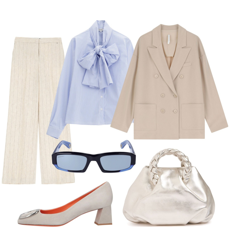 Outfit donna - Total look #2109322. Stile Chic per Ufficio. Abbinamento con décolleté, camicie, pantaloni a palazzo, blazer, borse a mano, occhiali da sole.