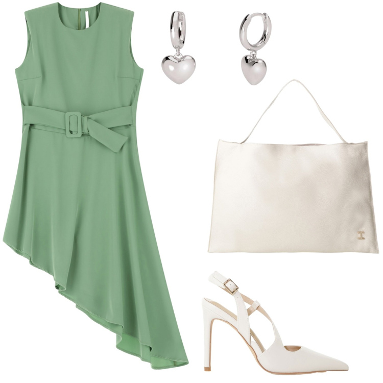 Outfit donna - Eleganza cittadina. Stile Glamour per Ufficio. Abbinamento con orecchini, vestiti corti, décolleté, borse a spalla.