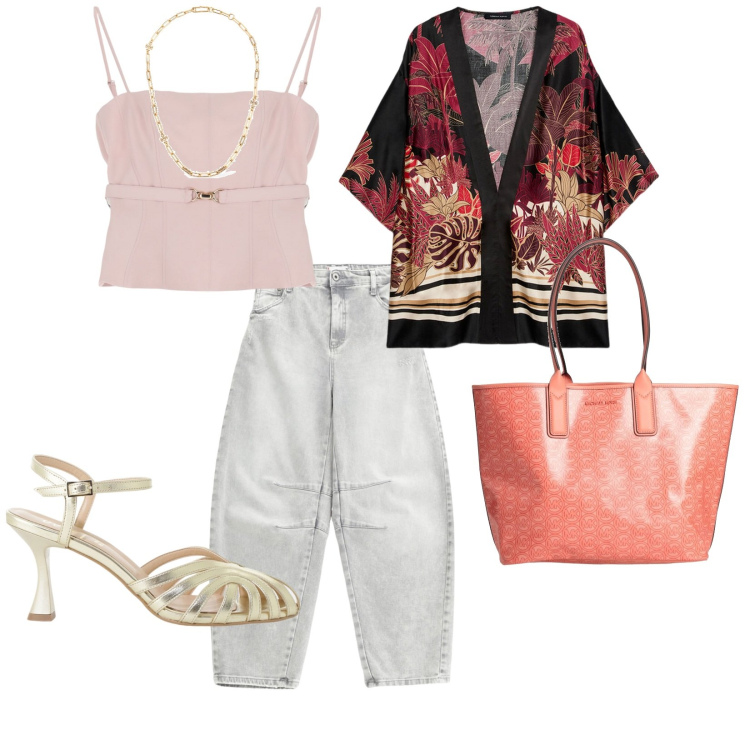 Outfit donna - Vado e esco. per Ufficio. Abbinamento con borse a mano, top, jeans dritti, sandali col tacco, kimono, collane.