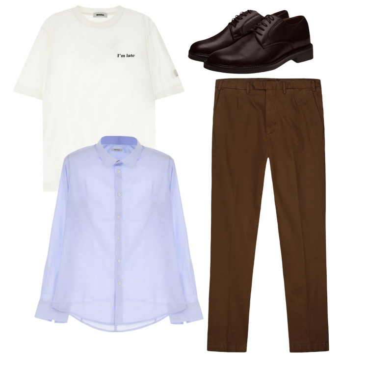 Outfit uomo - Total look. Stile Casual per Tutti i giorni. Abbinamento con t-shirt, camicie, scarpe stringate, pantaloni.