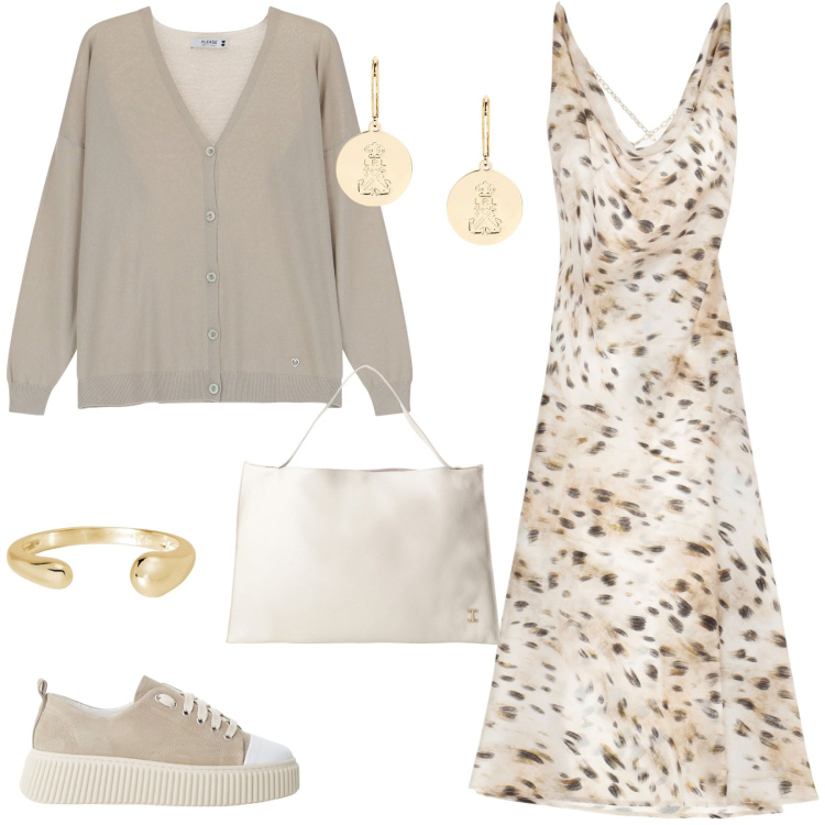 Outfit donna - Serata informale e comoda. Stile Casual chic per Tutti i giorni. Abbinamento con anelli, vestiti, cardigans, sneakers, borse a spalla, orecchini.