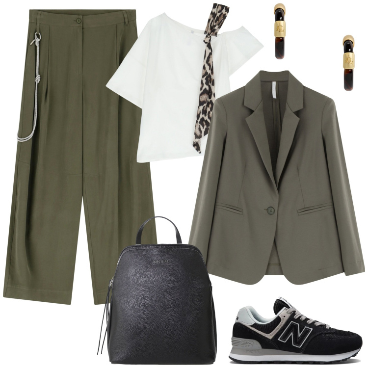 Outfit donna - Pantaloni e giacca Verdi. Stile Casual chic per Ufficio. Abbinamento con sneakers, t-shirt, blazer, pantaloni, zaini, orecchini.