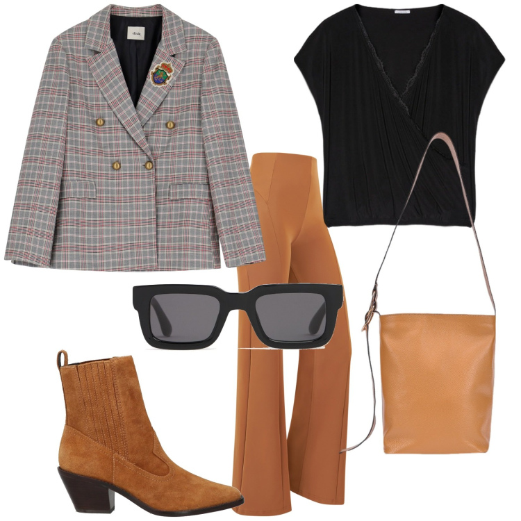 Outfit donna - Total look #2109332. Stile 70s per Tutti i giorni. Abbinamento con stivaletti texani, pantaloni, blazer, bluse, occhiali da sole, borse a secchiello.
