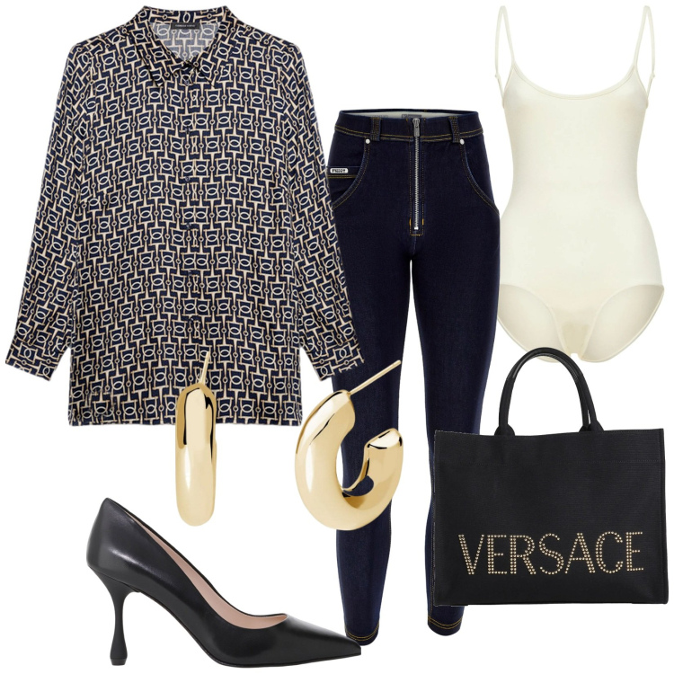 Outfit donna - Total look #2109335. Stile Casual chic per Serata fuori. Abbinamento con borse a mano, orecchini, jeans skinny, décolleté, camicie, body.