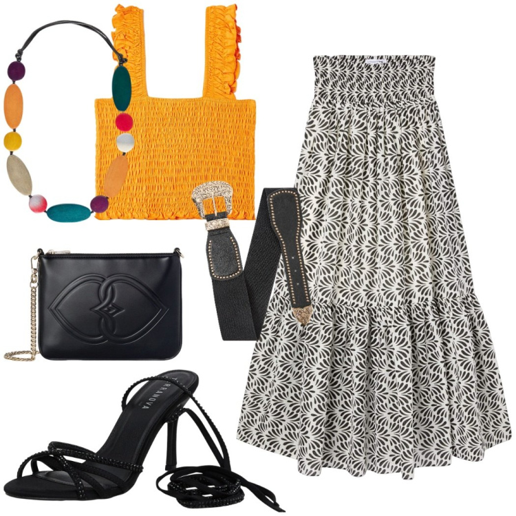 Outfit donna - Top e gonna lunga ed è subito estate. Stile Casual chic per Serata fuori. Abbinamento con gonne lunghe, top, sandali alla schiava, cinture, collane, pochette.