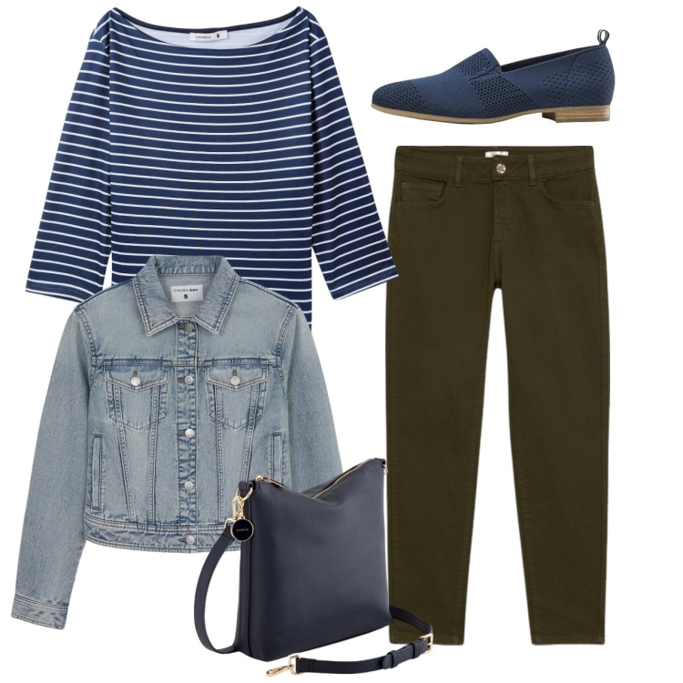 Outfit donna - Righe di primavera. Stile Bon Ton per Tutti i giorni. Abbinamento con mocassini, blazer, t-shirt, borse a tracolla, pantaloni.