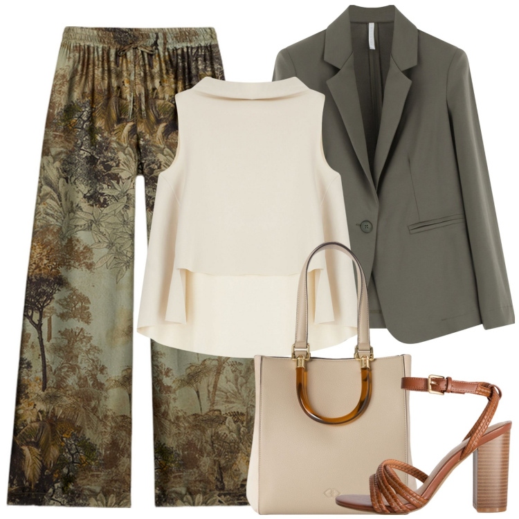 Outfit donna - La giacca strutturata ed i palazzo. Stile Casual chic per Serata fuori. Abbinamento con top, blazer, pantaloni a palazzo, shopping bag, sandali col tacco.