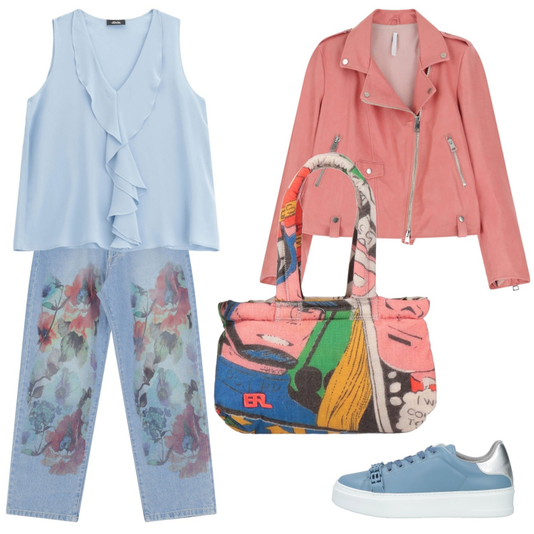 Outfit donna - Gita fuoriporta. Stile Casual per Tutti i giorni. Abbinamento con borse a mano, sneakers, giacche, jeans dritti, top.