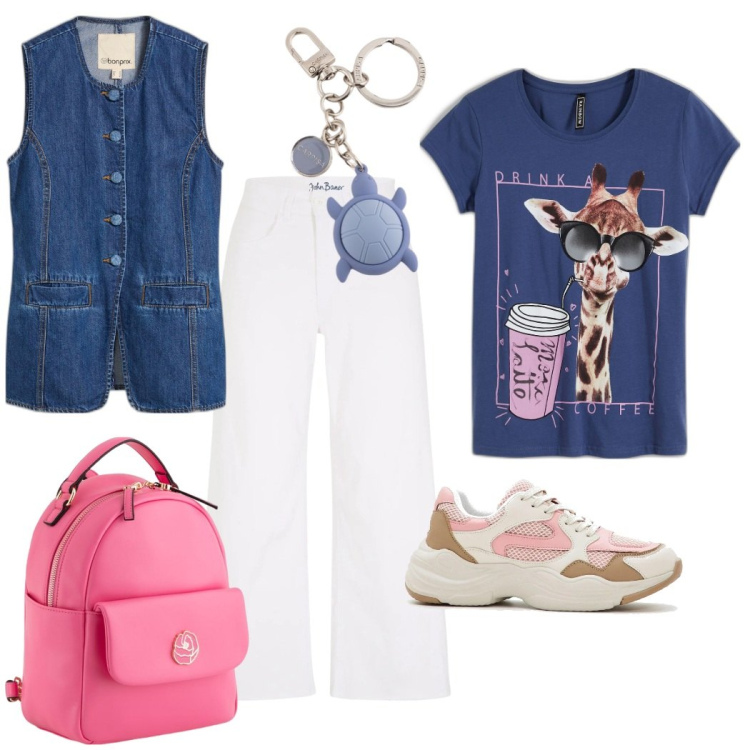 Outfit donna - Pomeriggio libero. Stile Casual chic per Tutti i giorni. Abbinamento con jeans, t-shirt, sneakers, gilet, zaini, portachiavi.