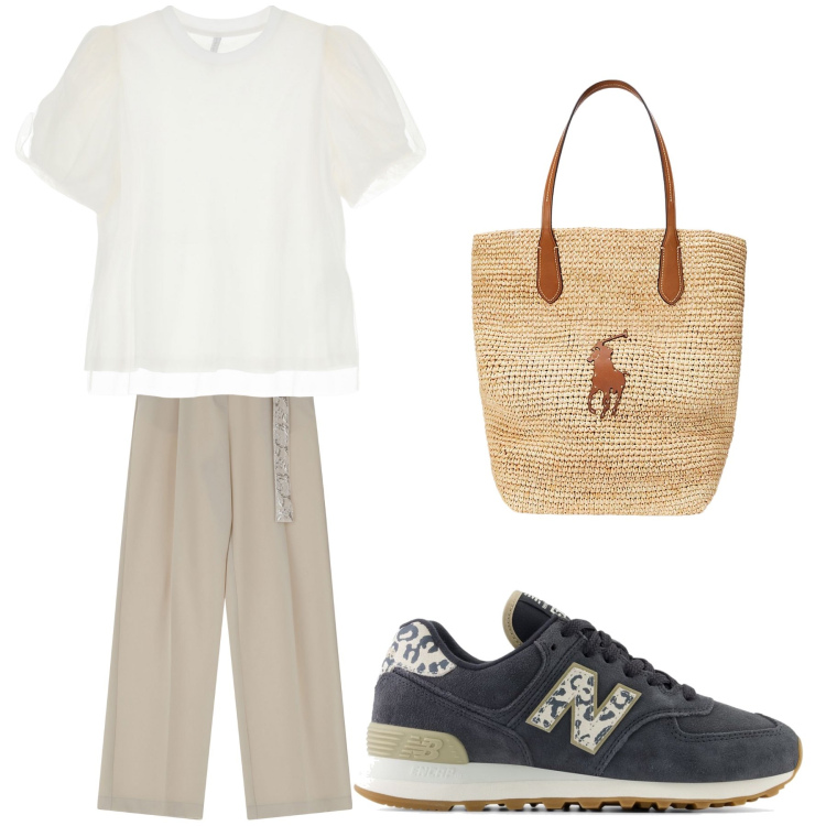 Outfit donna - Aperitivo. Stile Trendy per Ufficio. Abbinamento con sneakers, t-shirt, pantaloni, borse tote.