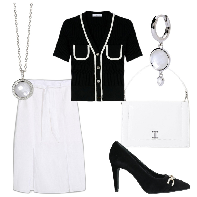 Outfit donna - Formale e chic ad un ricevimento. Stile Bon Ton per Cerimonia. Abbinamento con gonne, décolleté, orecchini, collane, borse a tracolla, maglieria.