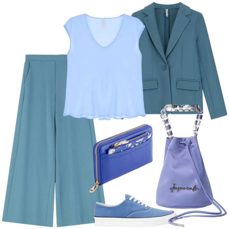 Outfit donna - Imperial ss2025: urban edge. Stile Casual chic per Ufficio. Abbinamento con pantaloni, blazer, borse a secchiello, top, sneakers, portafogli.