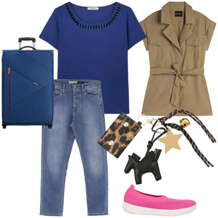 Outfit donna - Sahariana smanicata per il viaggio. Stile Trendy per Tutti i giorni. Abbinamento con ballerine, jeans, trench, portachiavi, t-shirt, valigie.